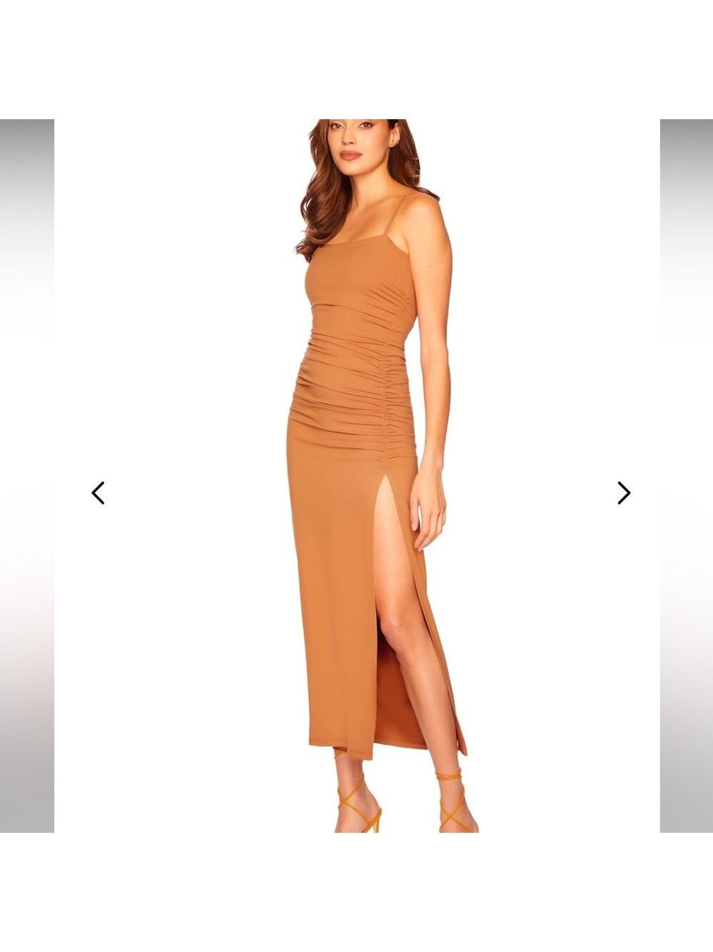 NWT Susana Monaco Thin Strap Ruched Slit Maxi Dress Color Caramel Size M